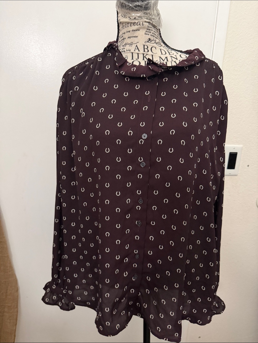 Ann Taylor Dark Plum Button-Front Blouse with Cream Horseshoe Print